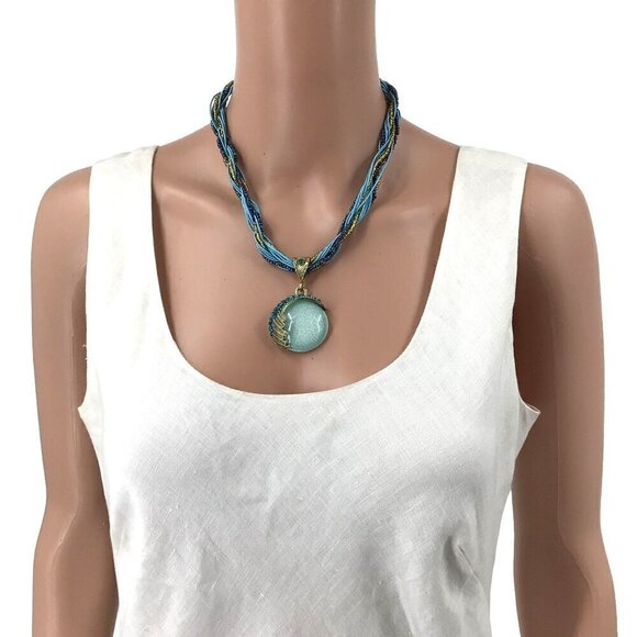 Boho Style Necklace Seed Bead Braided Chain Rhinestone Encrusted Pendant - Picture 2 of 2